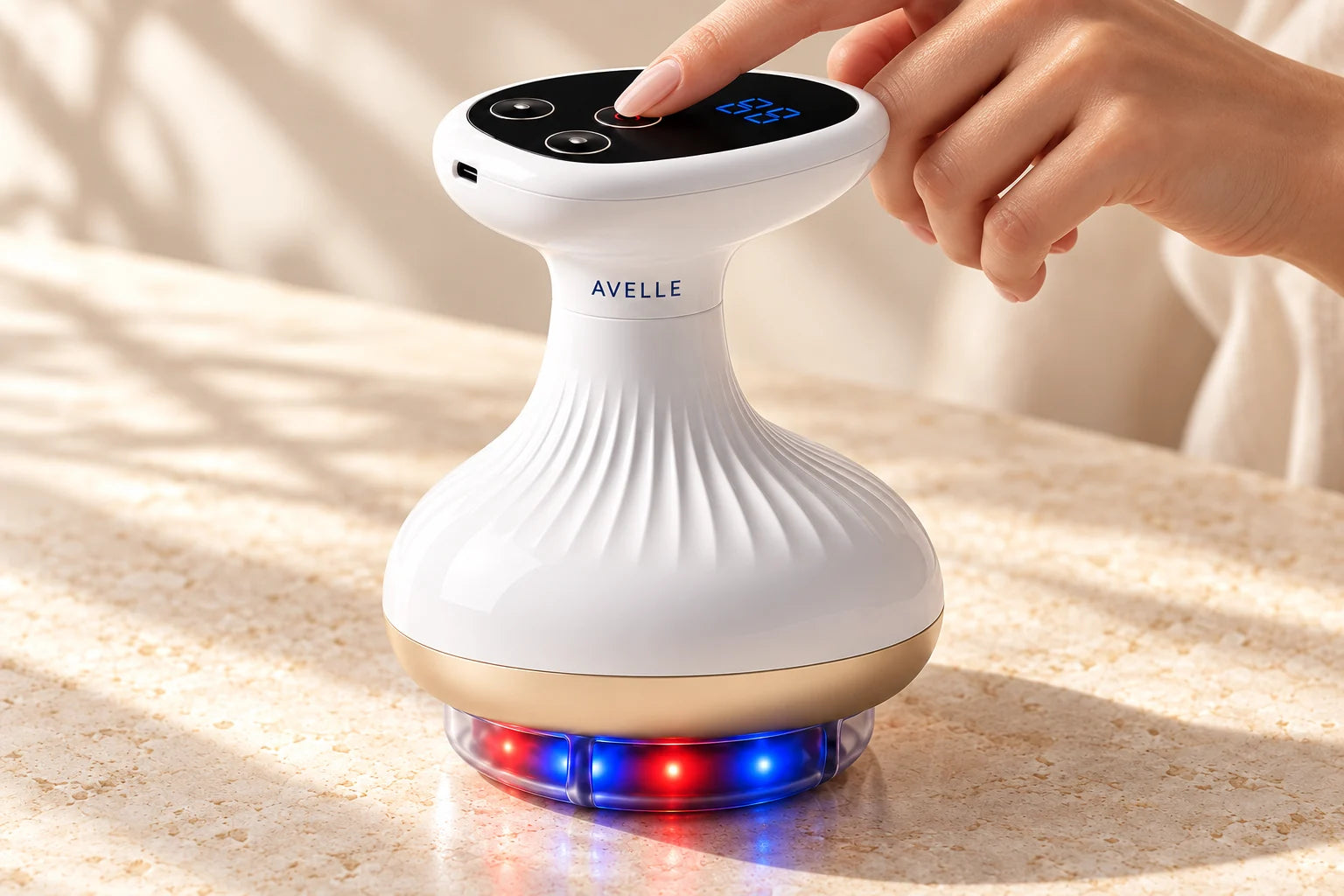 The easy-to-reach controls on the AVELLE massager